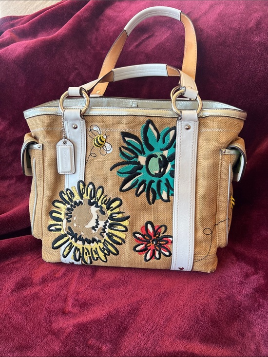 Coach Handbags - Coach Tan Tote with White Trim and Multicolor Floral Embroidery